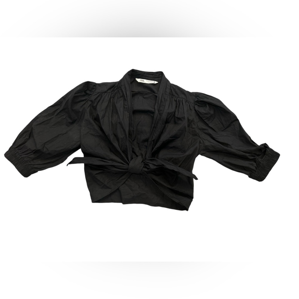 Women’s Zara Black crop Top Puff Sleeve Tie Waist Blouse Size Small